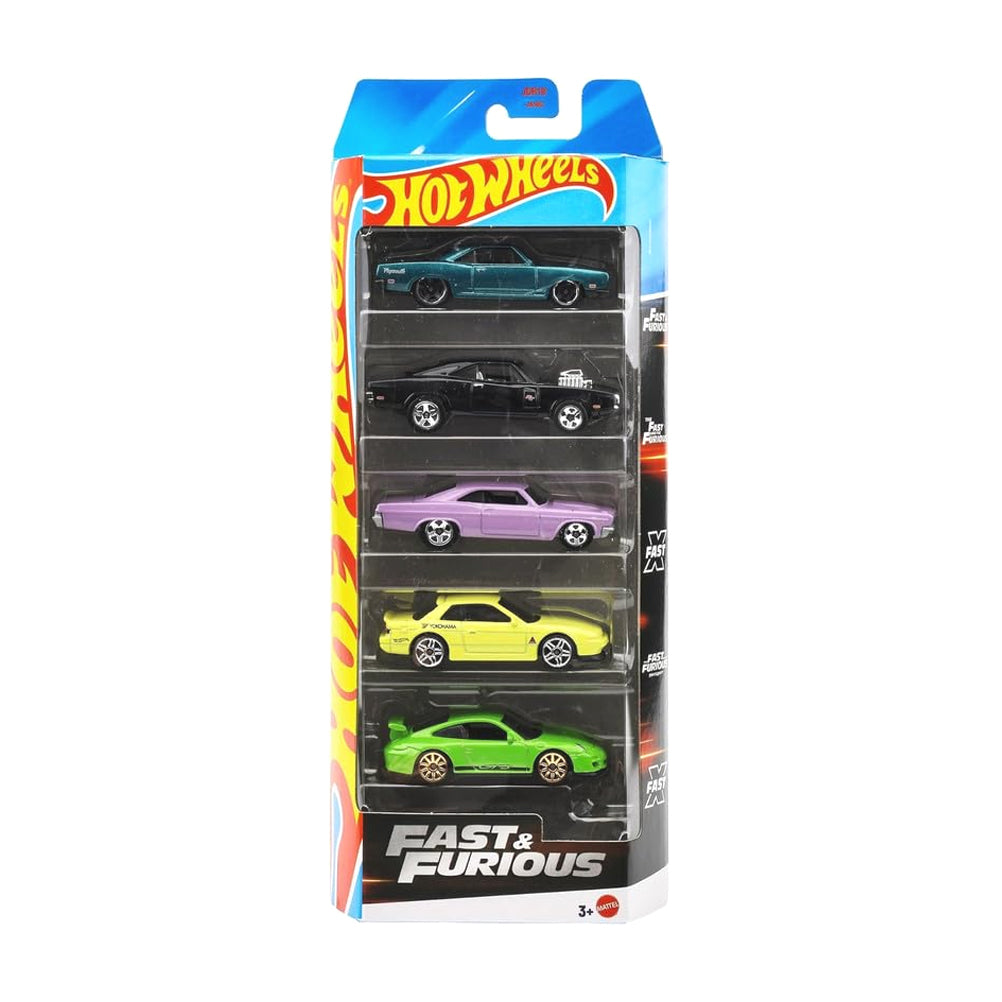 Hot Wheels 5-pack: Fast and Furious (2025) Dodge Charger R/T, '68 Plymouth Barracuda Formula S, Nissan Silvia (S13),  1966 Chevrolet Impala, Porsche 911 GTR RS